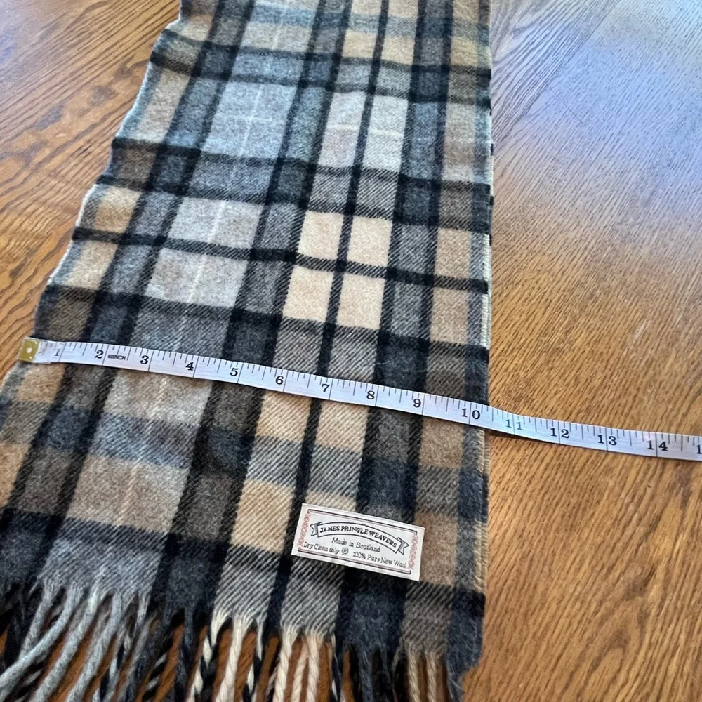 James Pringle Scotland Wool Tan Black Plaid Tartan Scarf Men’s